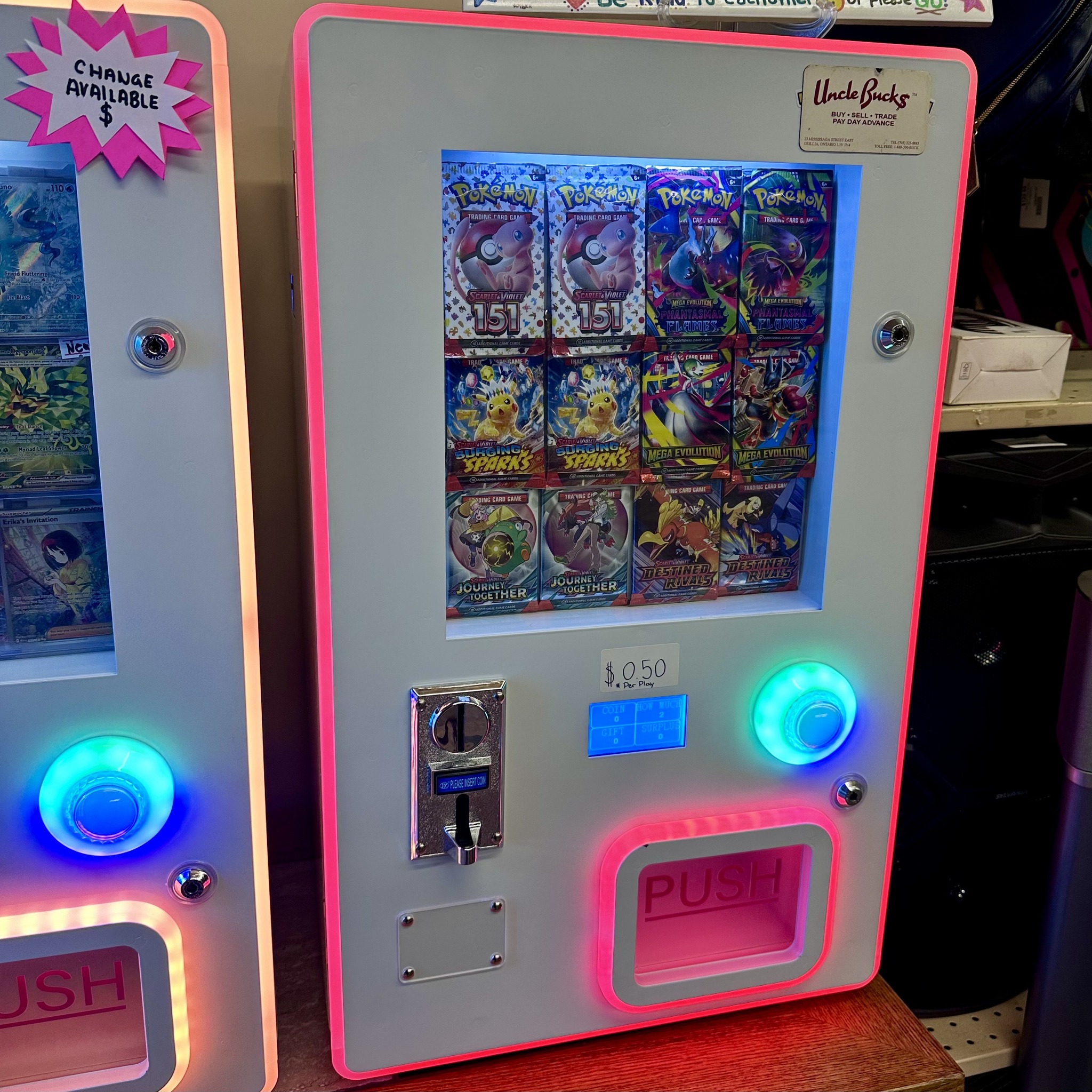 Pokemon card pack vending machine with neon lights