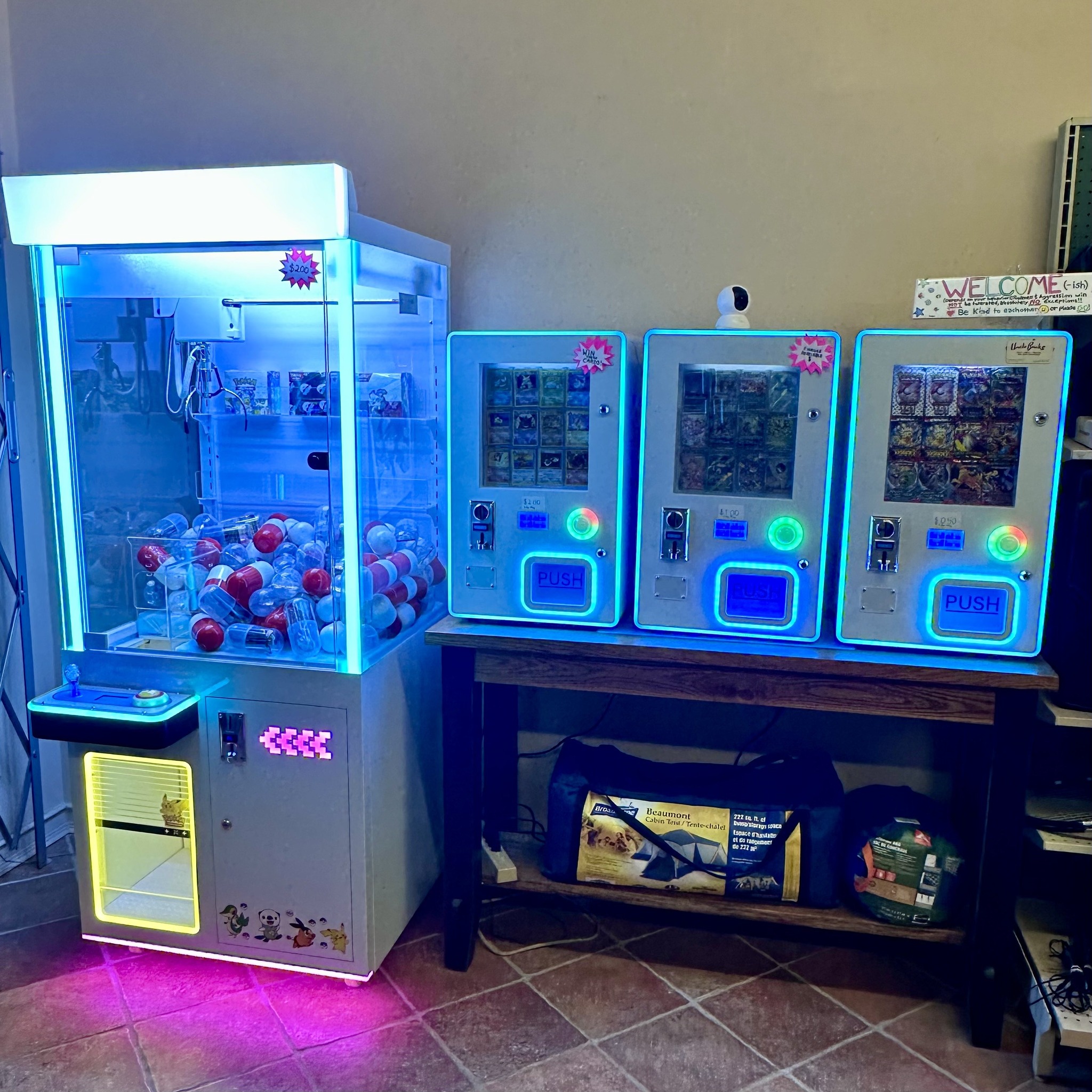 Claw machine and card vending machines in the store