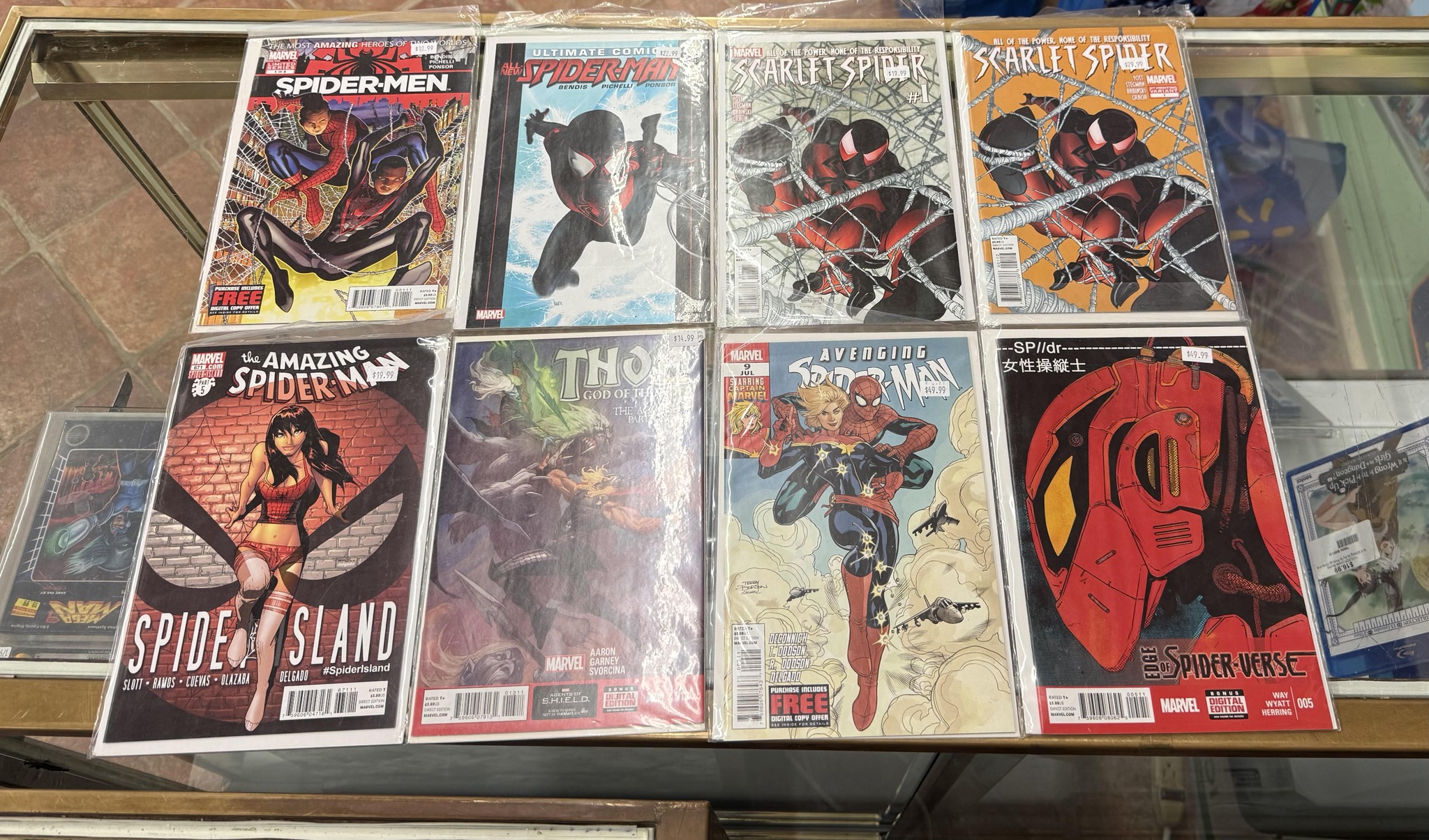 Marvel Spider-Man comic book collection in protective sleeves