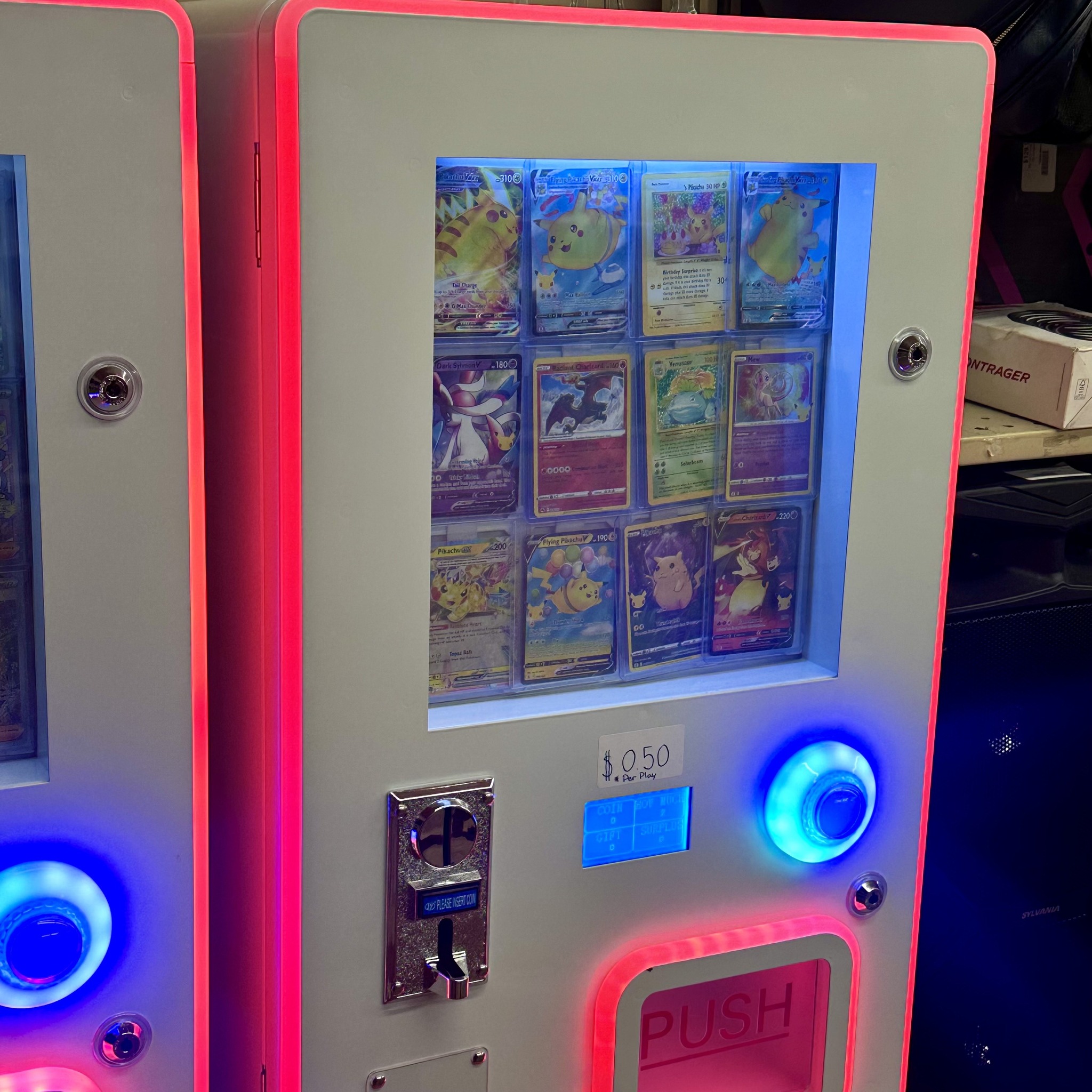 Pokemon card vending machine with holographic cards and neon glow